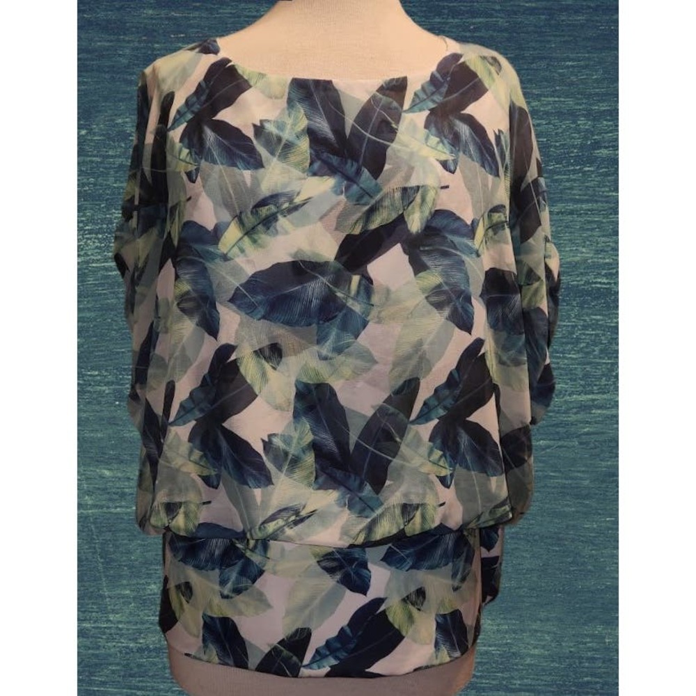 Halston Heritage Blue and Green Leaf-Print Blouson Top